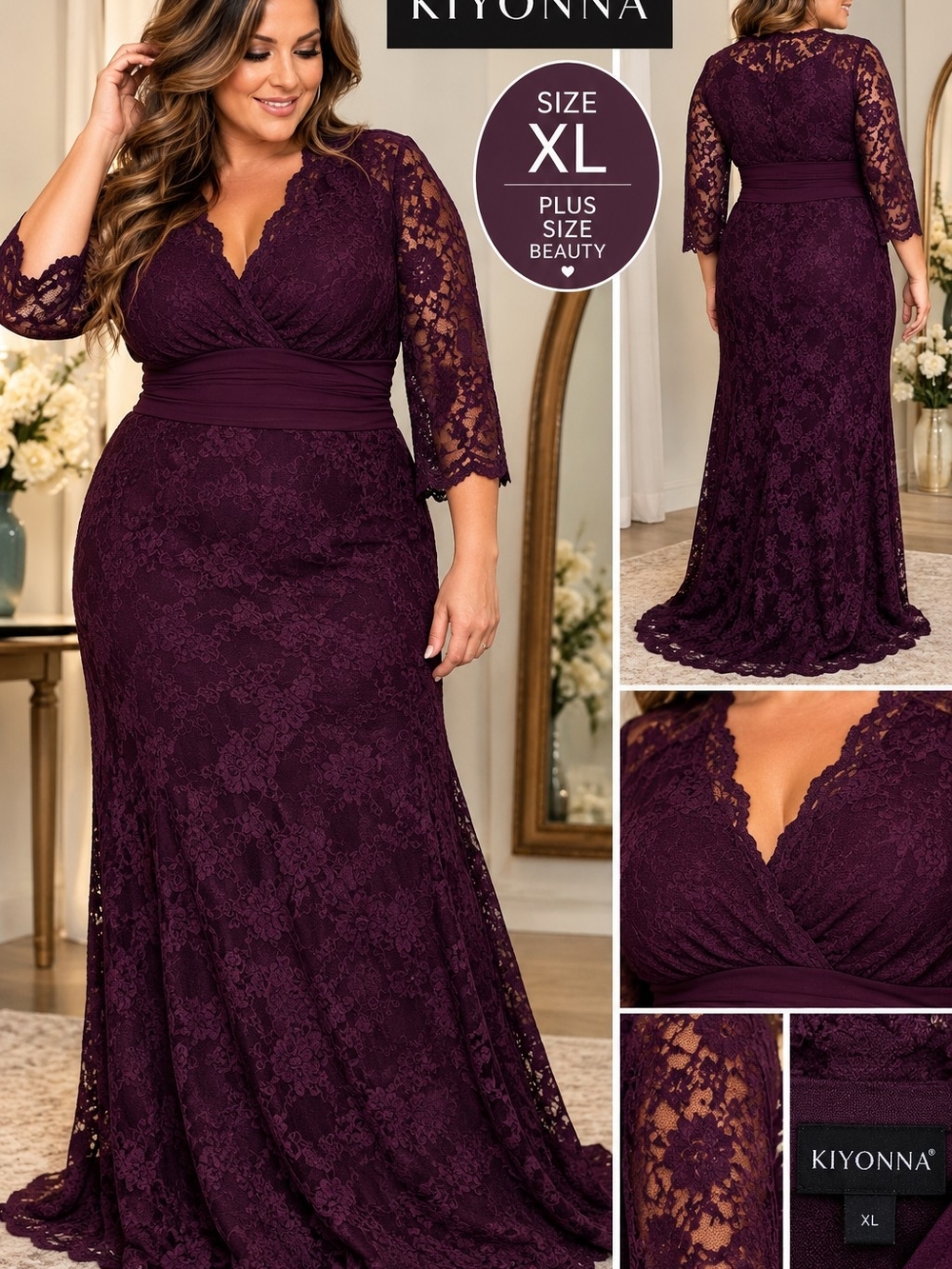 Kionna Royal Purple Lace Maxi Dress XL Plus Size Gothic, Romance, Wedding